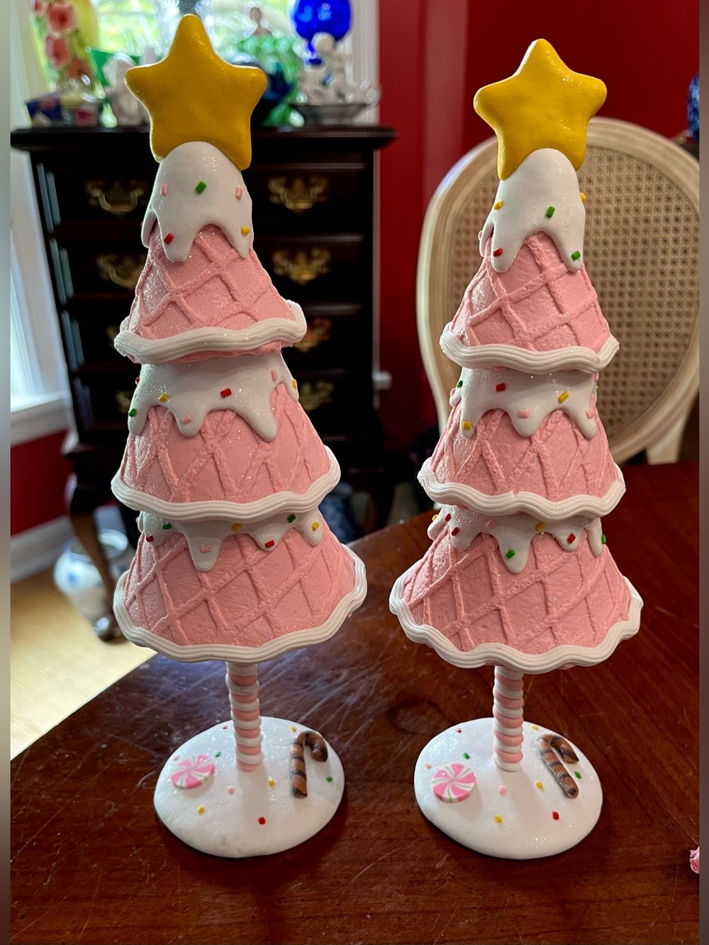 Set of 2 Pink Waffle Cone Christmas Tree Figurines 10" Pastel Candy Decor